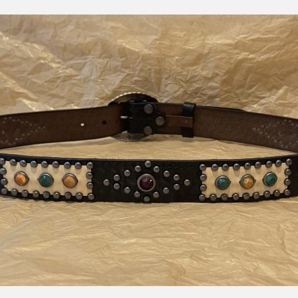 RL Double RL Studded Leather Westerns Gem Belt with ptarmigan buckle Sz34 - Picture 2 of 7